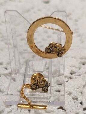 Vintage Brass Stagecoach Tie Tack and Tie Bar Set